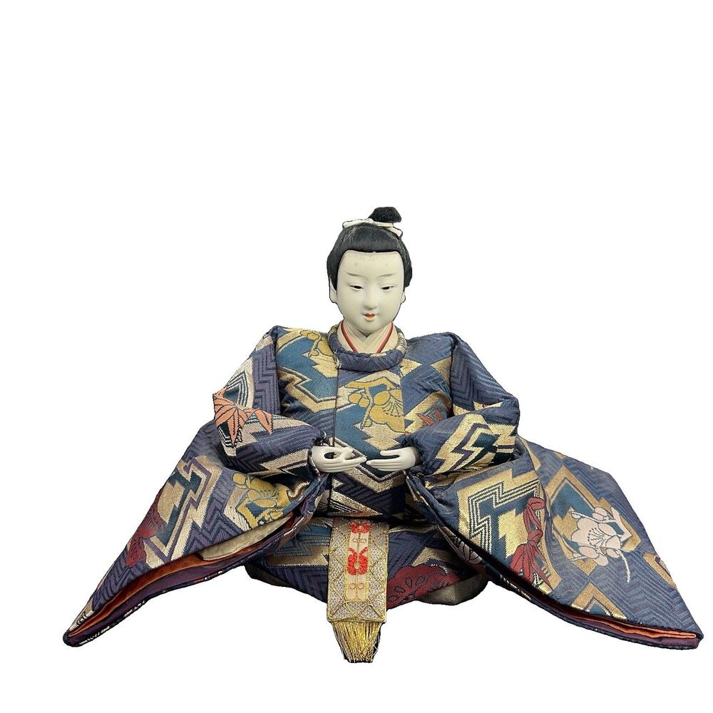 Vintage Japanese Hina Ningyo Emperor Doll Gofun Face Silk Brocade Kimono 8”